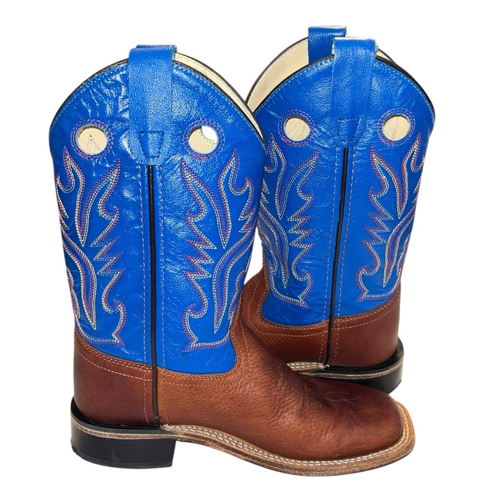 Old West Brown Leather Blue Top Square Toe Boots